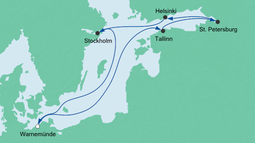 Route: Warnemünde - Tallin - St. Petersburg - Helsinki - Stockholm - Warnemünde